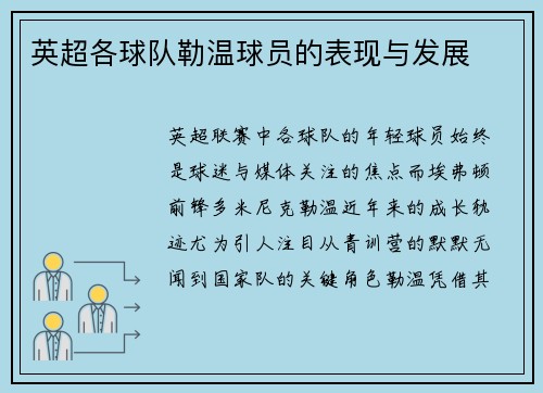 英超各球队勒温球员的表现与发展