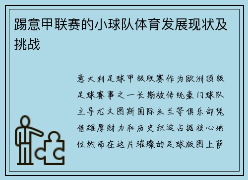 踢意甲联赛的小球队体育发展现状及挑战