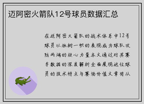 迈阿密火箭队12号球员数据汇总